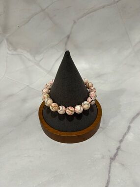 Natural Pink and Cream Stone Tibetan Beaded Stretch Bracelet. 10mm beads